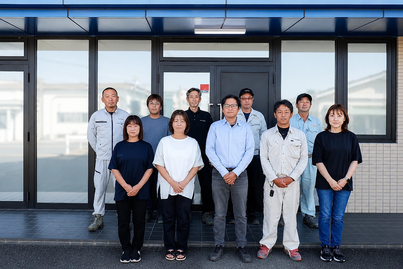 社屋前での社員集合写真